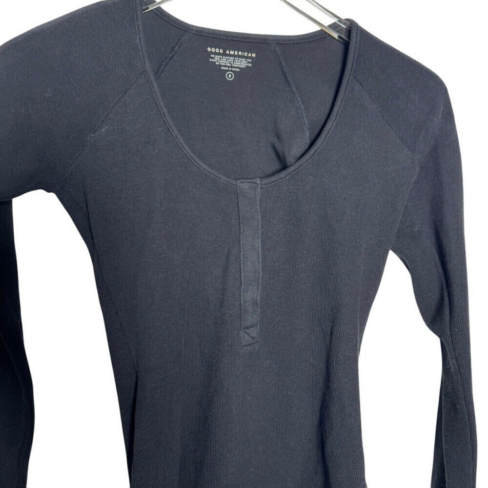 Good American Black The Feel Good Long Sleeve henley Bodysuit - Size 2 Medium - Picture 2 of 5